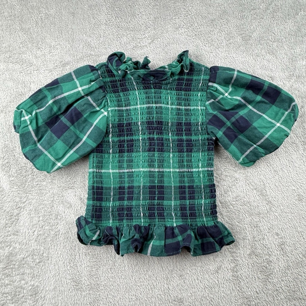 Janie And Jack Smocked Top Girls 3 Plaid Ruffles‎ Buttons Puff Sleeve Holiday